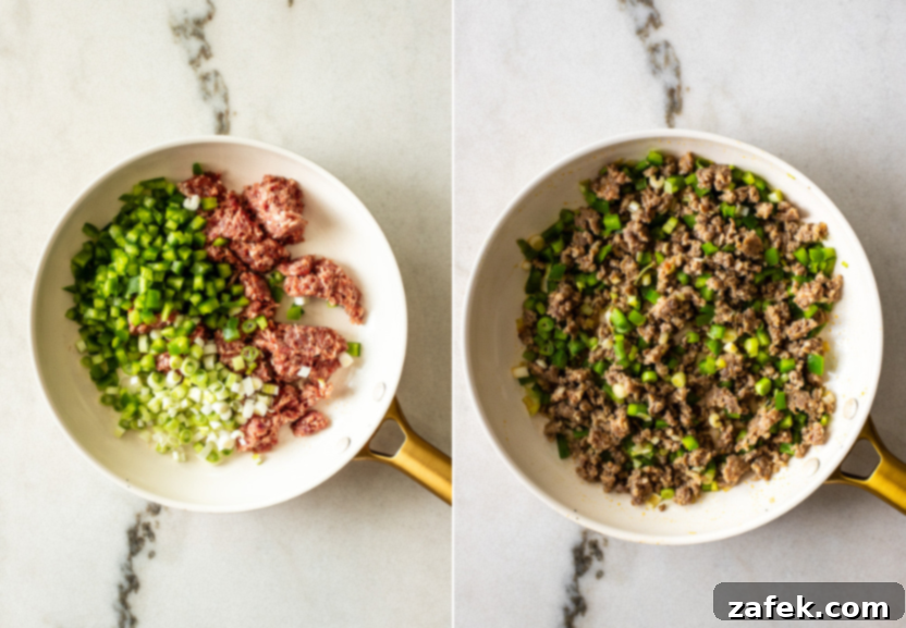 Diptych showing the cooking process: one image of raw sausage in a pan, the other of cooked sausage and vegetables.