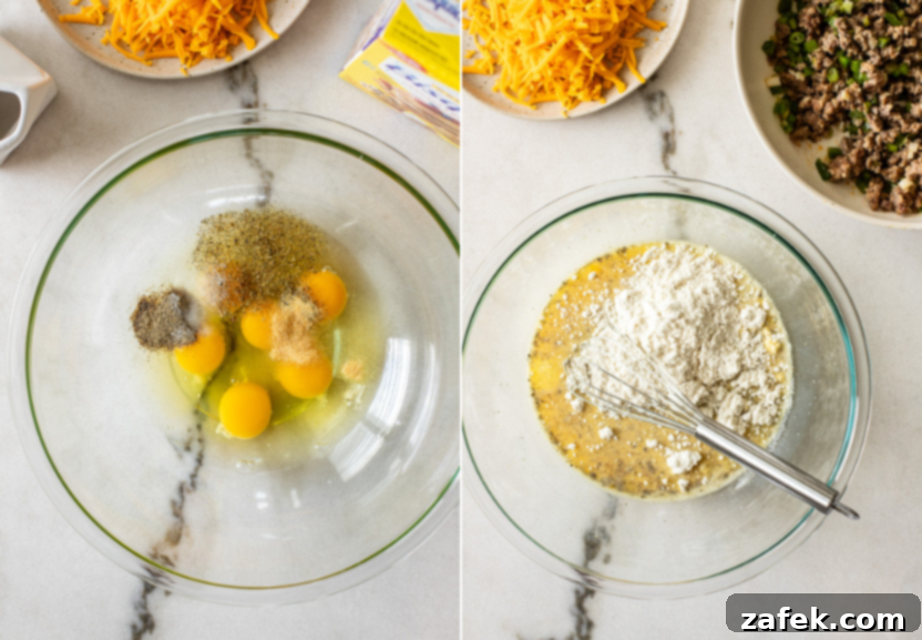 Diptych illustrating the wet ingredients being combined: one image shows eggs and spices, the other shows milk and Bisquick being whisked in a bowl.