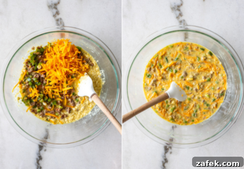 Diptych displaying the final mixing step: one image shows the cooked sausage and veggies added, the other shows cheese mixed into the batter.