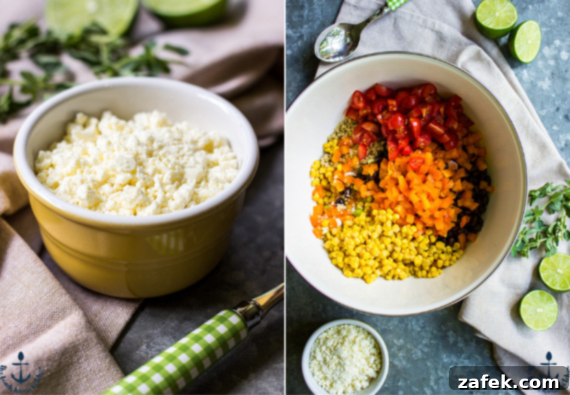 Vibrant Southwest Quinoa Salad with Tangy Lime and Cotija 5 A detailed close-up of a Southwestern Quinoa Salad, highlighting the black beans, corn, orange peppers, grape tomatoes, and fluffy quinoa grains.