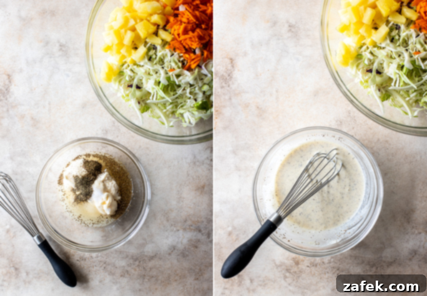 Diptich showing a bowl with dressing ingredients and another with the dressing whisked smooth