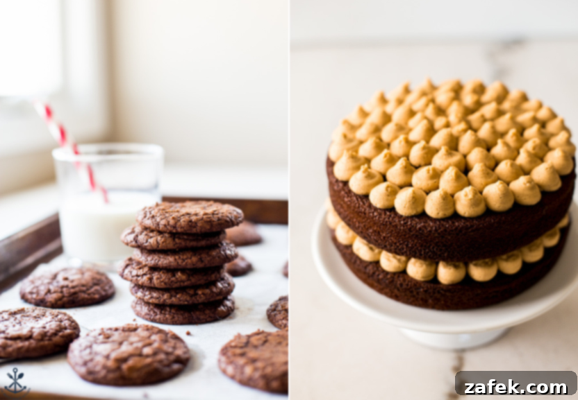 Rich Brownie Cookies and decadent Chocolate Layer Cake with Creamy Peanut Butter Frosting.