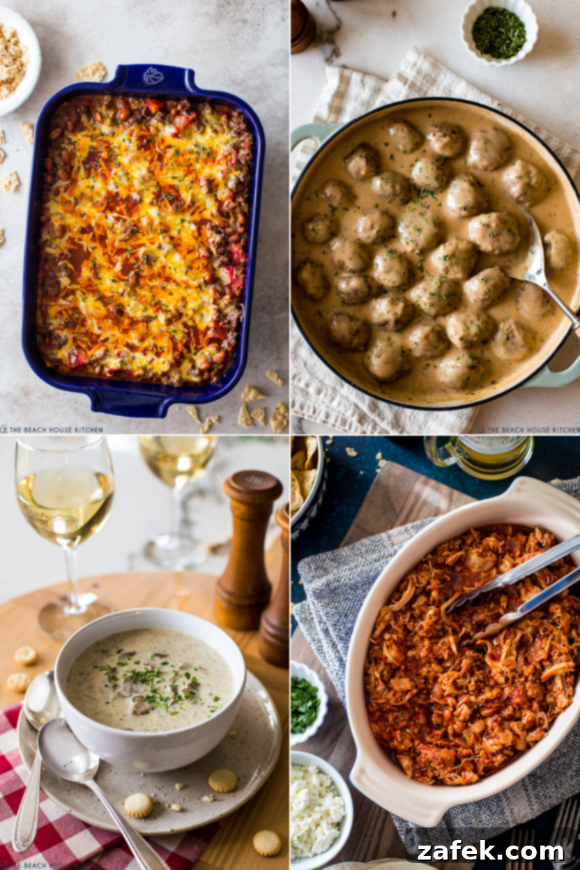 Hearty Beef Enchilada Casserole, traditional Swedish Meatballs, and creamy Mushroom Soup.