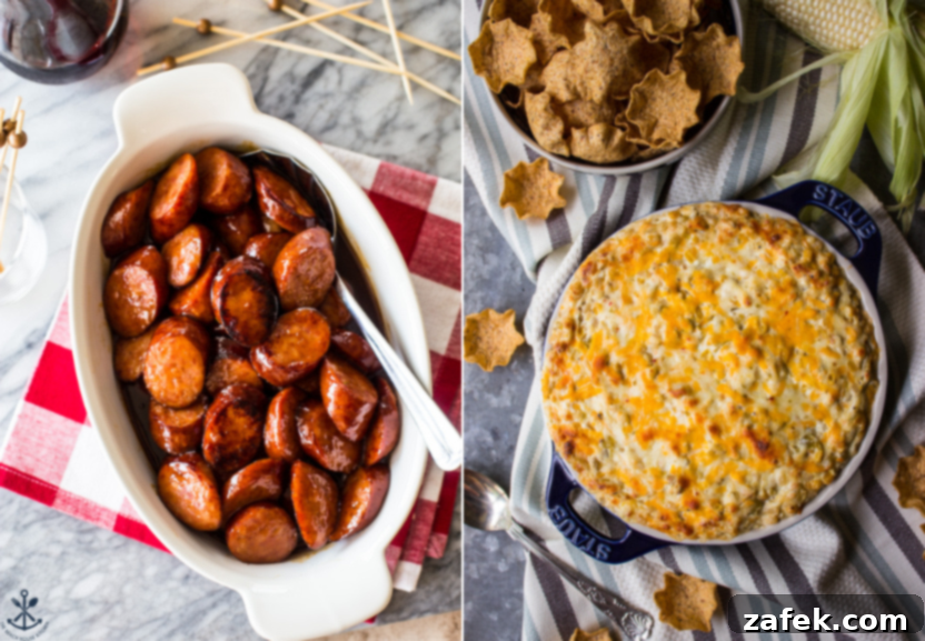 Tangy Maple Bourbon BBQ Kielbasa Bites and creamy Cheesy Corn Dip with Green Chiles.