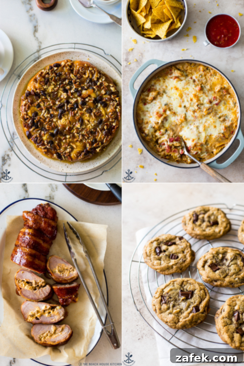 Sweet and sticky Easy Pecan Raisin Sticky Buns, hearty King Ranch Chicken Casserole, and gourmet Bacon Wrapped Stuffed Pork Tenderloin.