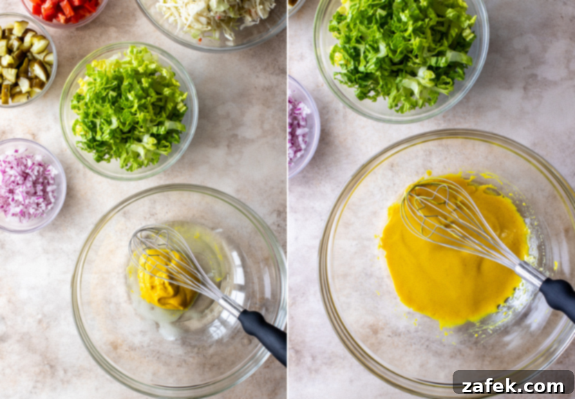 Diptych showing two stages of dressing preparation for Chicago Hot Dog Salad. Left image shows yellow mustard, white vinegar, sugar, and vegetable oil being added to a bowl. Right image shows the fully combined, smooth, and emulsified dressing, ready for the salad base.