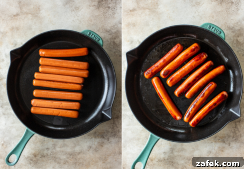 Diptych showing two stages of hot dog preparation for Chicago Hot Dog Salad. Left image features hot dogs sizzling and browning in a hot skillet with oil. Right image shows the perfectly seared, golden-brown hot dogs resting on paper towels to drain excess fat.
