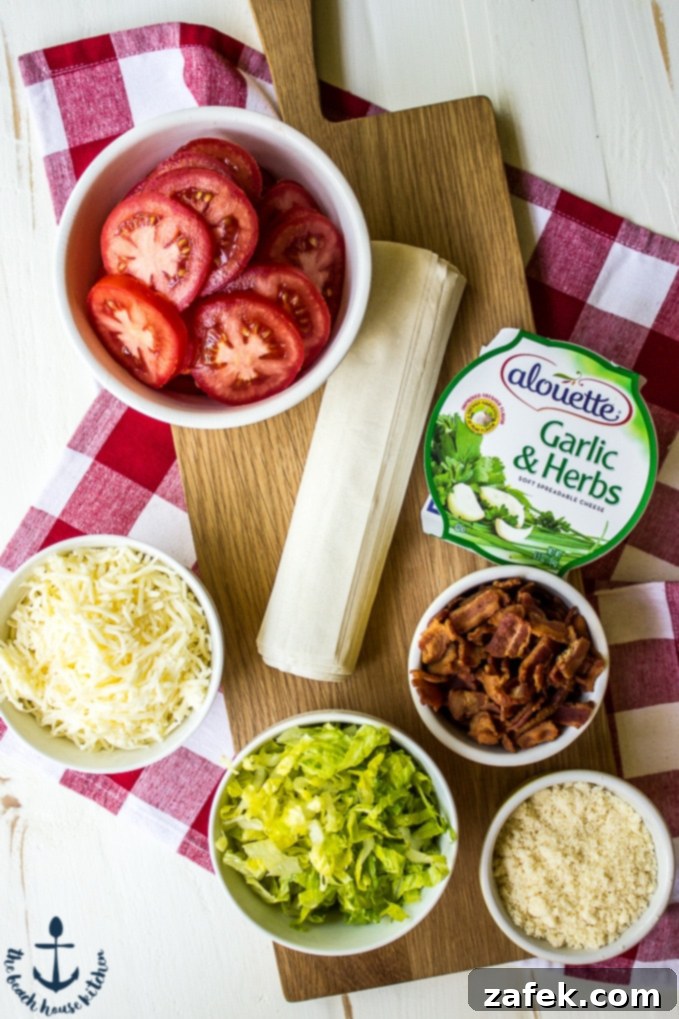 Close-up of BLT Phyllo Pizza with fresh ingredients