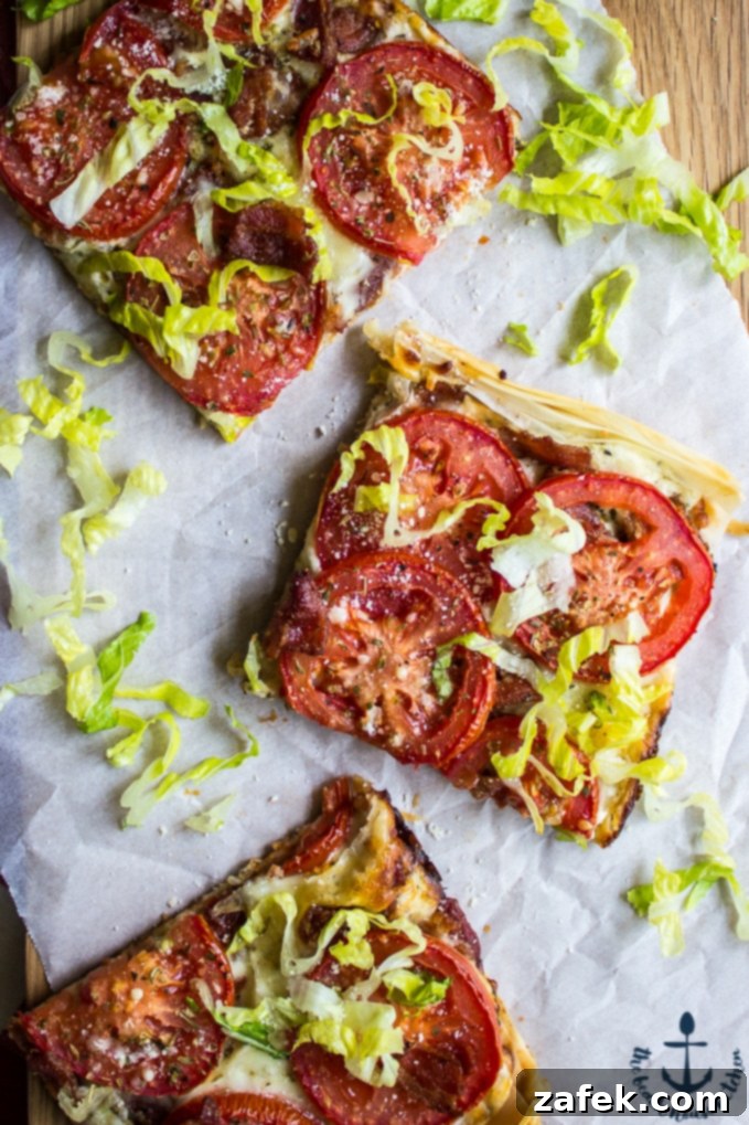 Baked BLT Phyllo Pizza, ready to be sliced and served