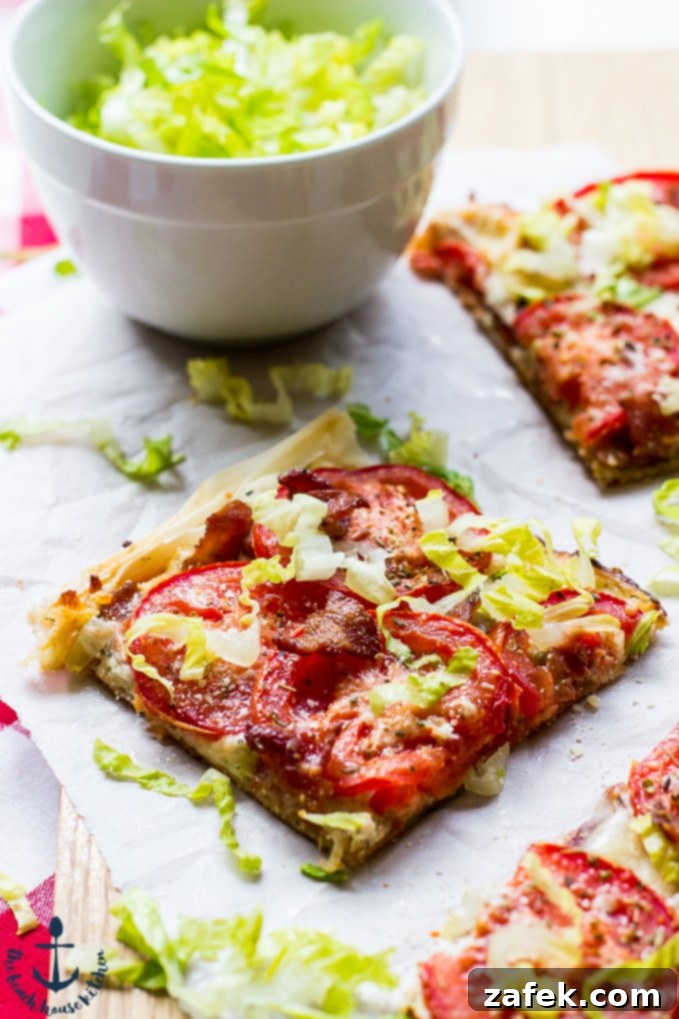 BLT Phyllo Pizza slices topped with fresh romaine lettuce