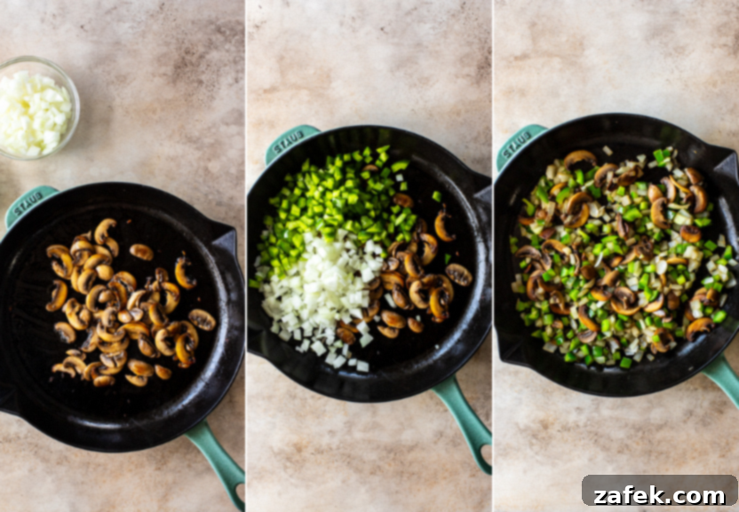 Golden Ham and Veggie Hash Brown Bake 5 Triptych of three close-up images showing the initial cooking steps: heating oil, sautéing mushrooms, and then adding onions and peppers.