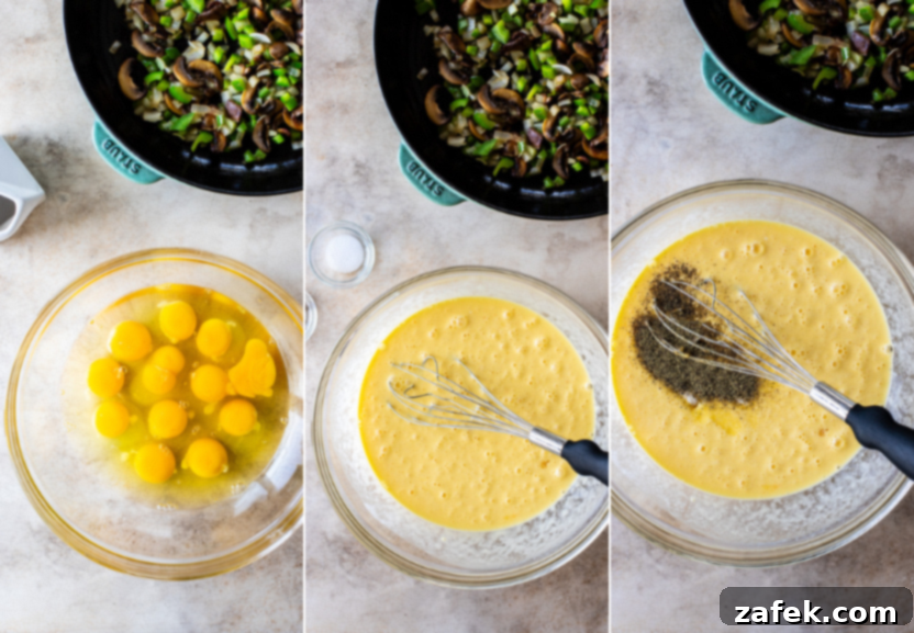Golden Ham and Veggie Hash Brown Bake 6 Triptych of three close-up images showing the preparation of the egg mixture: whisking eggs, adding cream and seasonings, and finally combining with ham, veggies, hash browns, and cheese.