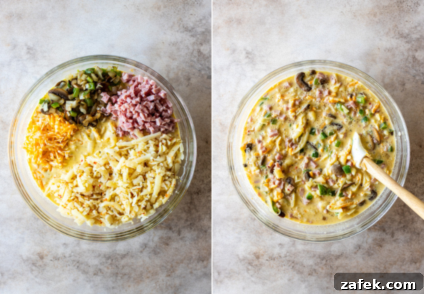 Golden Ham and Veggie Hash Brown Bake 7 Diptych of two close-up images showing the final assembly: pouring the egg mixture into the baking dish and topping it with the remaining cheese before baking.