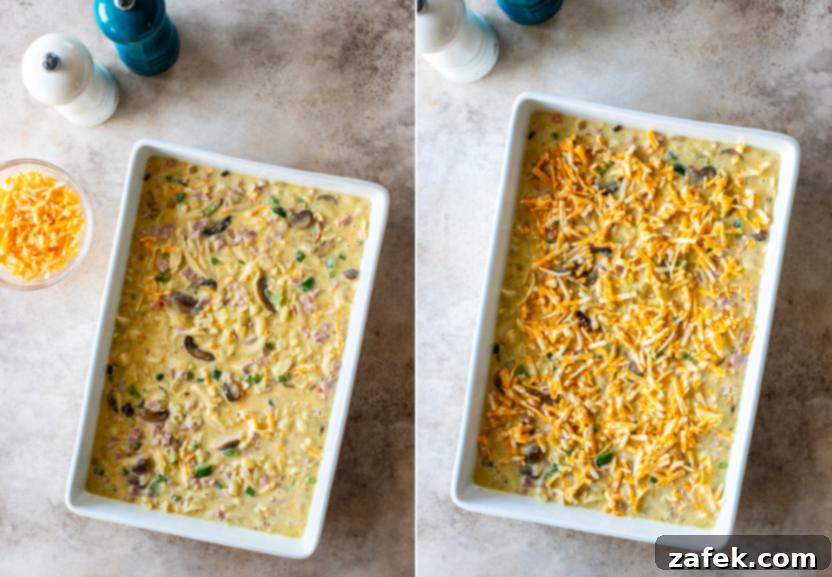 Golden Ham and Veggie Hash Brown Bake 8 Diptych of two close-up images: a freshly baked casserole in the dish and a slice being served, highlighting its readiness.