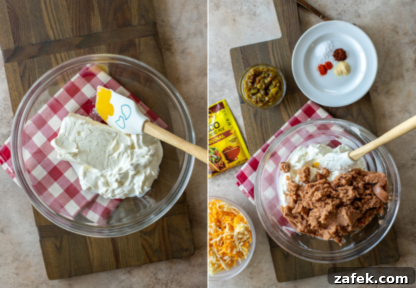 A side-by-side (diptych) image showing softened cream cheese and sour cream being mixed in a large bowl, followed by the addition of refried beans and further mixing to combine all ingredients smoothly.