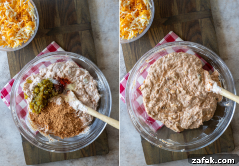 A side-by-side (diptych) image showing chopped green chiles, taco seasoning, and other spices being added to the creamy bean mixture, followed by mixing to ensure even distribution of flavors.