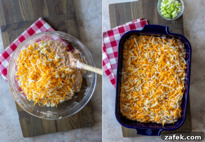 A side-by-side (diptych) image demonstrating the process of folding shredded cheese into the Texas Trash Dip mixture, then pouring the prepared dip into a baking dish, and finally sprinkling the remaining cheese on top before baking.