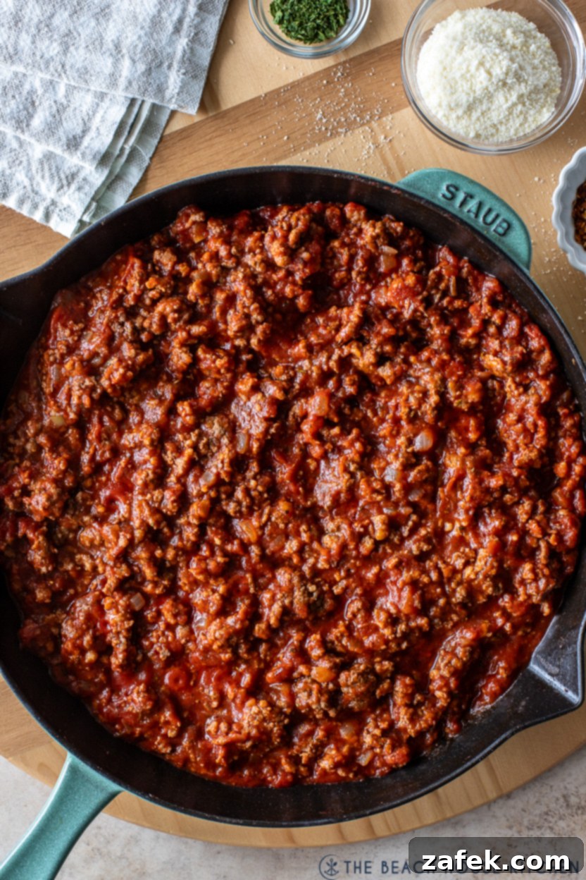 Rustic Italian Meat Grinders 3 Up close overhead photo of a skillet of Italian Sloppy Joes meat mixture