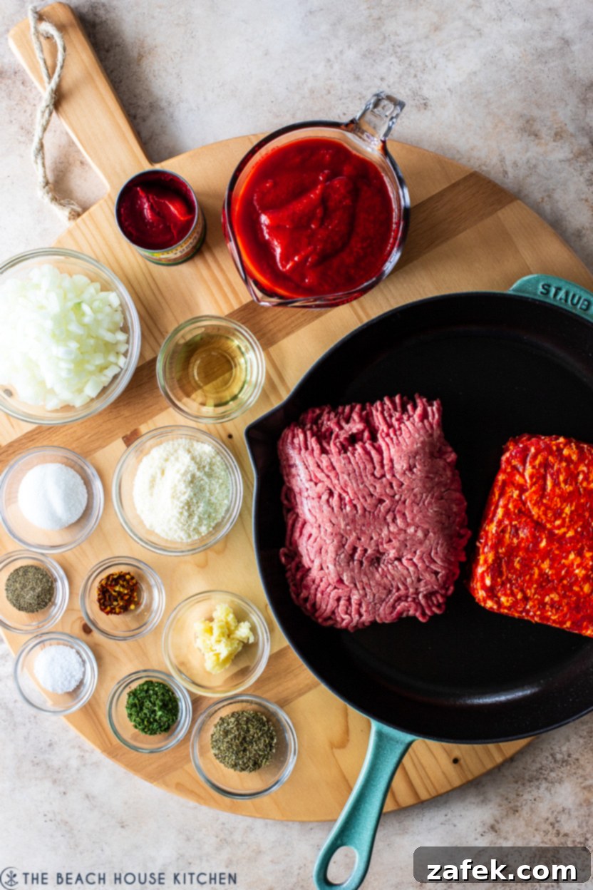 Rustic Italian Meat Grinders 4 Overhead photo of ingredients laid out for Italian Sloppy Joes preparation