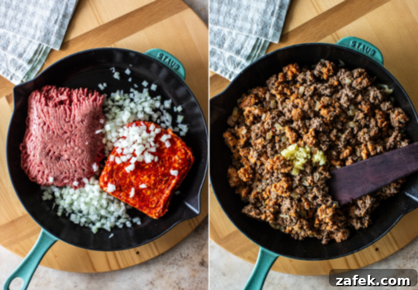 Rustic Italian Meat Grinders 5 Diptich showing meat browning and garlic being added