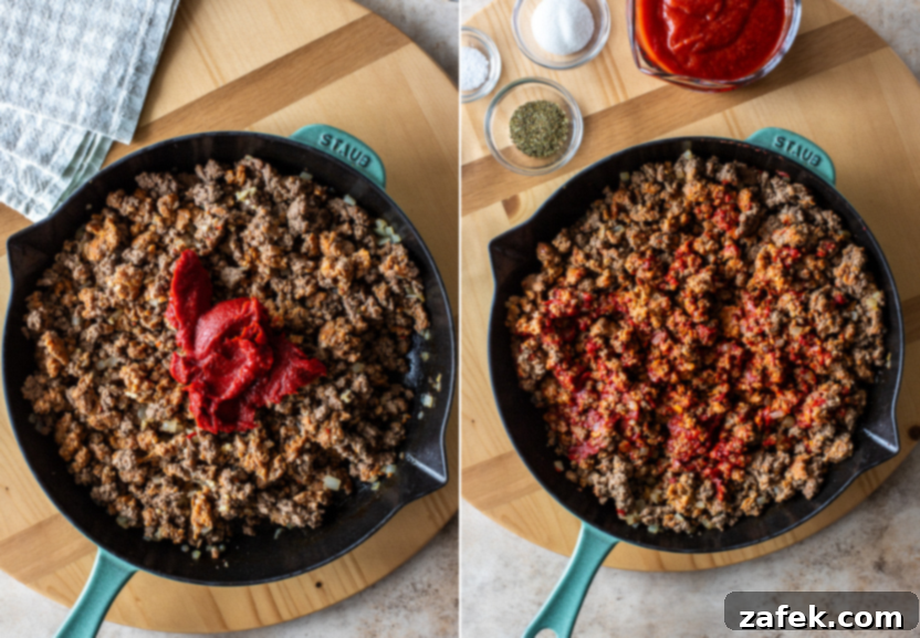 Rustic Italian Meat Grinders 6 Diptich showing tomato paste and crushed tomatoes being added to the meat mixture