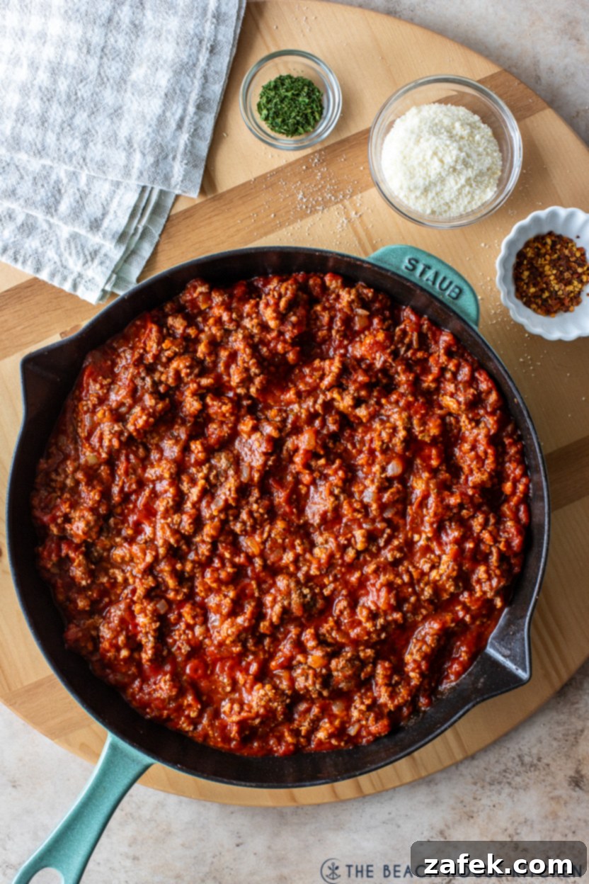 Rustic Italian Meat Grinders 7 Overhead photo of a skillet brimming with delicious Italian Sloppy Joes meat