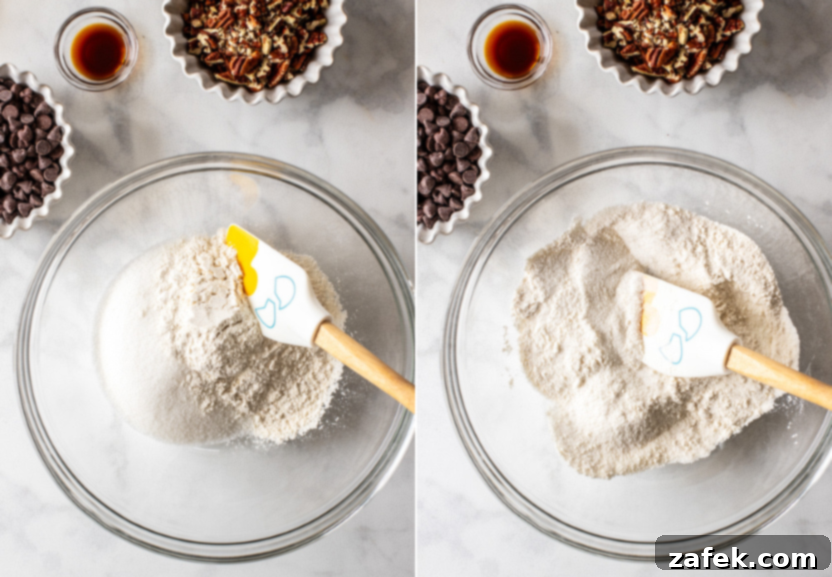 Ultimate Chocolate Chip Delight 5 A two-panel image showing the process: Left panel shows flour and sugar being mixed in a bowl; Right panel shows the result of dry ingredients combined for a chocolate chip pie.