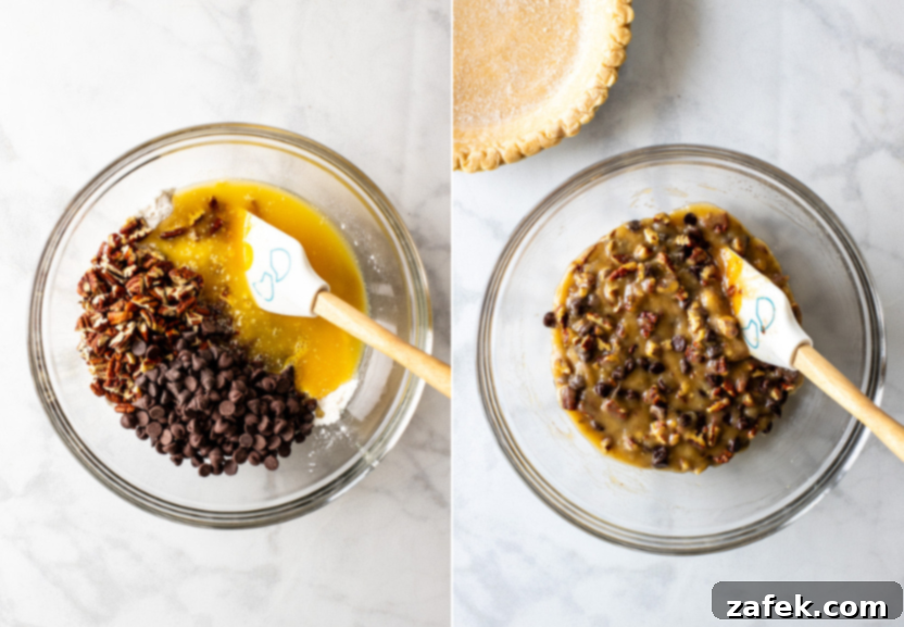 Ultimate Chocolate Chip Delight 6 A two-panel image showing the process: Left panel shows wet ingredients like melted butter, eggs, vanilla, and pecans being added to the dry mixture; Right panel shows the pie filling thoroughly mixed with chocolate chips and pecans.