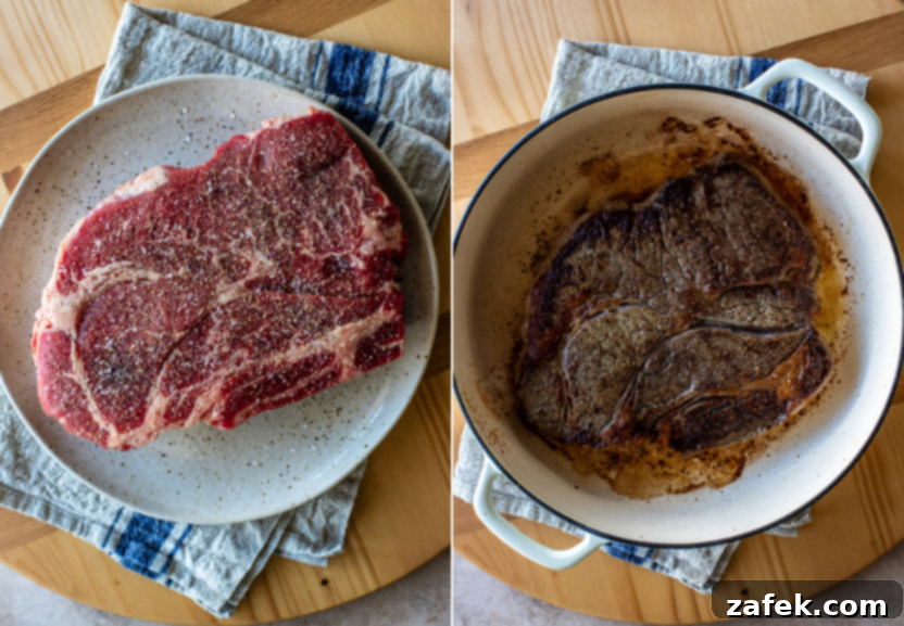 Diptich photo showing the beef being seared in a Dutch oven on the left, and then removed to a plate on the right