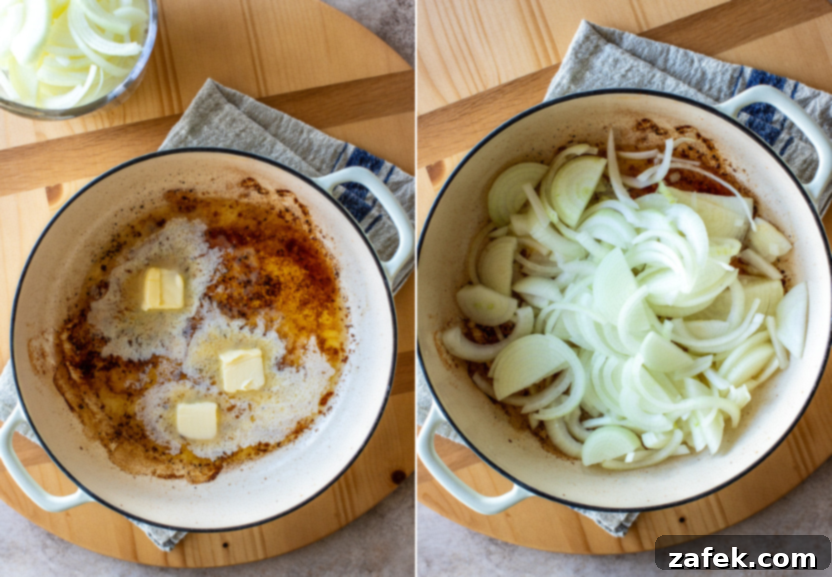 Diptich photo showing sliced onions being sautéed in butter in a Dutch oven on the left, and the softened onions on the right