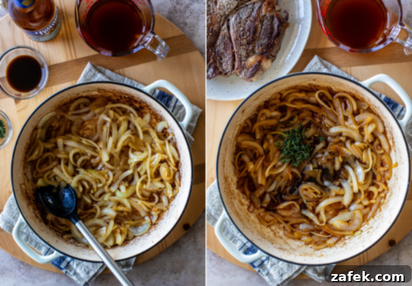 Diptich photo showing sherry wine being added to the onions in a Dutch oven on the left, and the seasoned onions with thyme and Worcestershire on the right