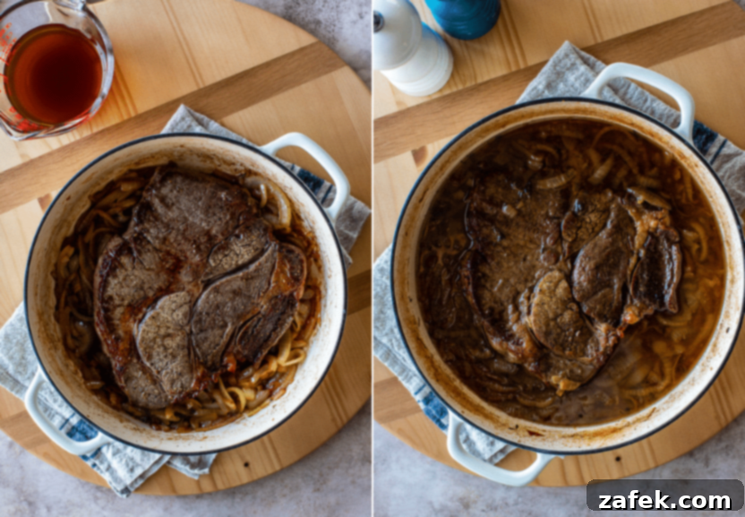 Diptich photo showing the seared beef returned to the Dutch oven with onions and broth on the left, and the covered Dutch oven ready for baking on the right