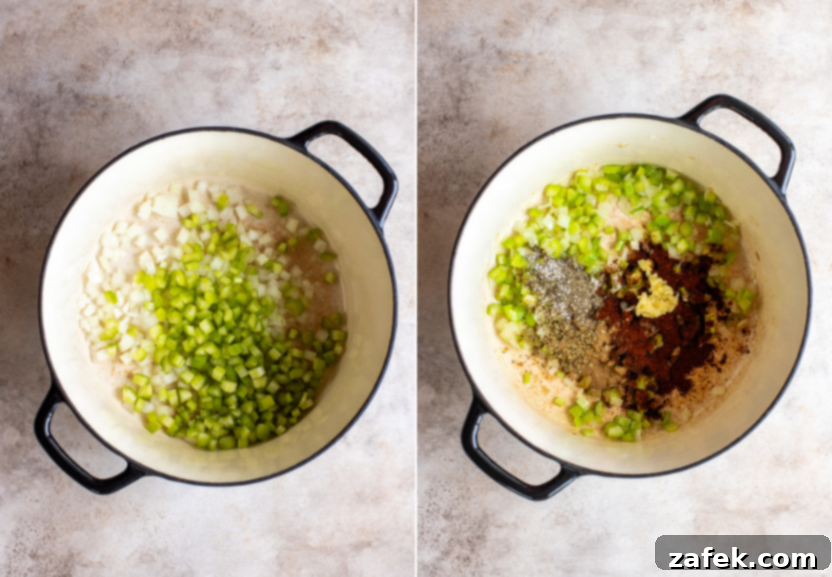 Diptych showing raw vegetables being sautéed and spices being added to the pot