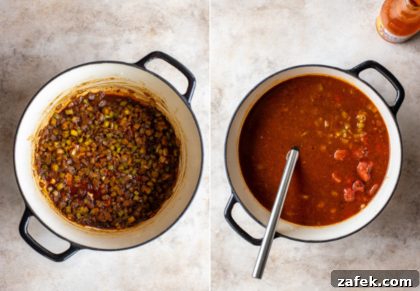 Diptych showing broth, beans, chiles, tomatoes, and buffalo sauce added to the pot and simmering