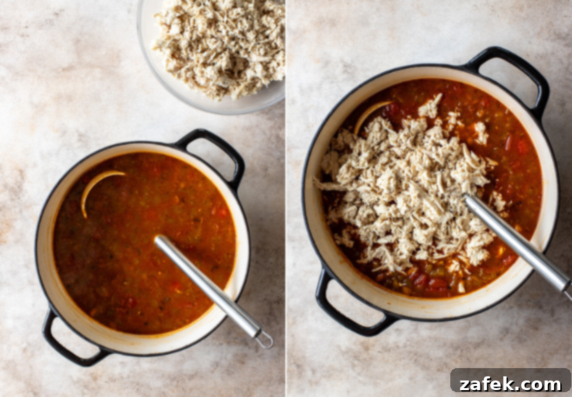 Diptych showing shredded chicken being added to the chili and the final simmer