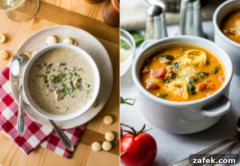 Diptich of Classic Cream of Mushroom Soup and Hearty Tomato Tortellini Stew