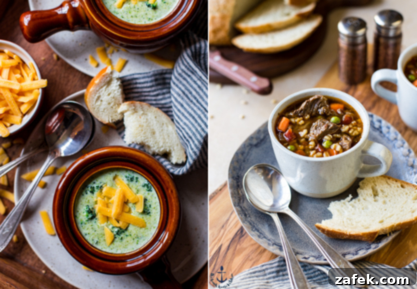 Diptich featuring Creamy Broccoli Soup and a Hearty Beef Barley Soup