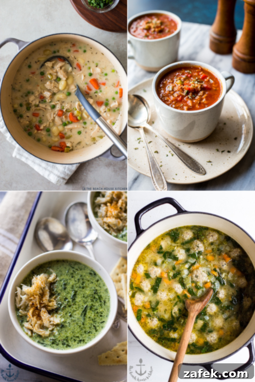 Collage of 4 diverse soup photos: Creamy Chicken Gnocchi, Stuffed Pepper, Creamy Spinach with Crabmeat, and Italian Wedding Soup