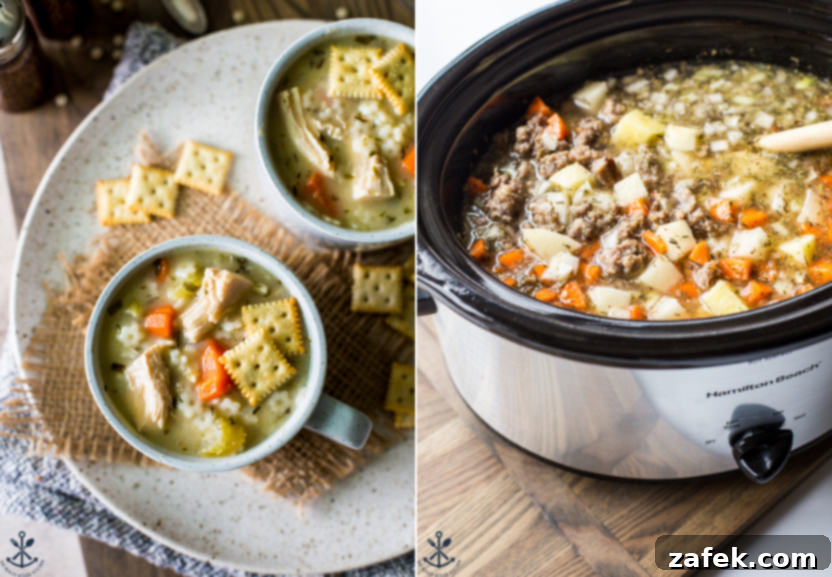 Diptich of Lemony Chicken Soup with Stars and Slow Cooker Bratwurst Potato Soup