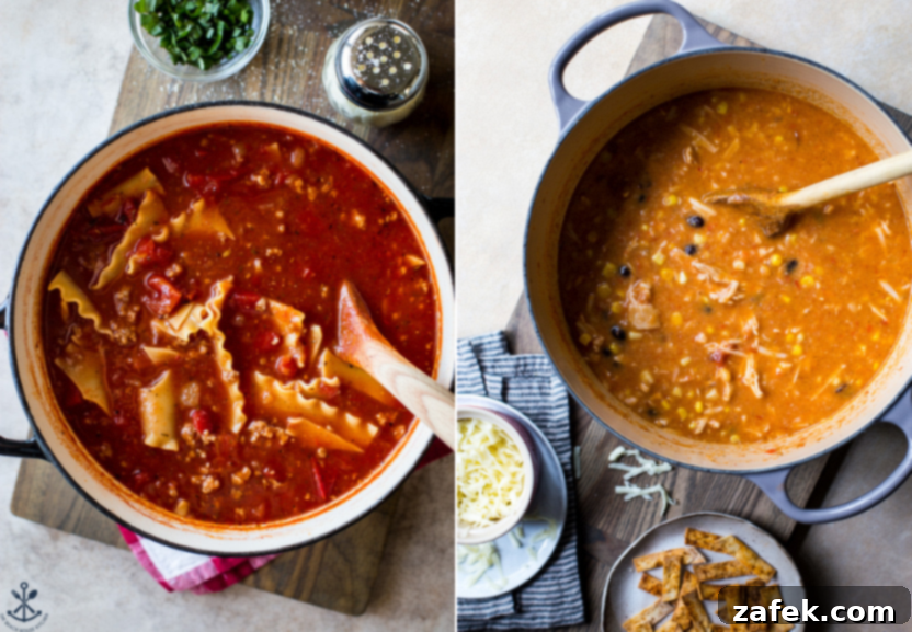 Diptich of Lasagna Soup and Easy Chicken Tortilla Soup