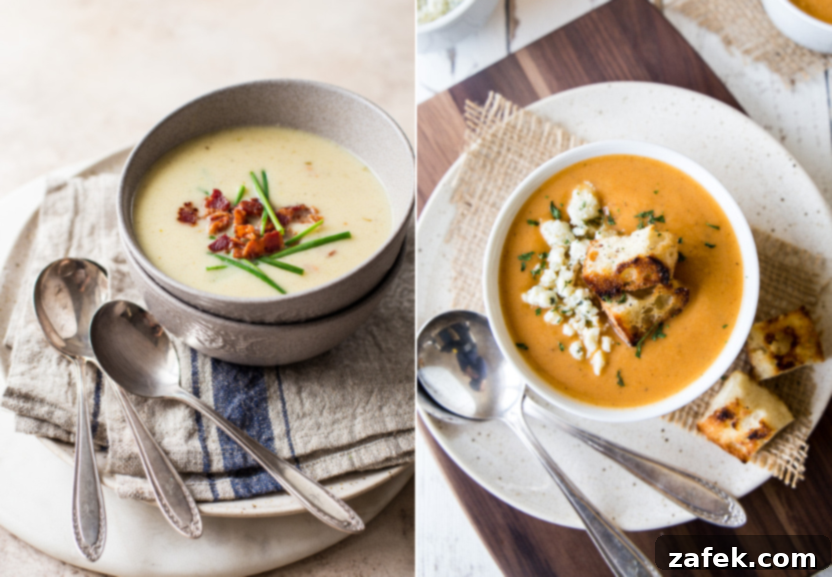 Diptich of Creamy Cauliflower Soup with Cheddar Cheese and Bacon, and spicy Buffalo Cauliflower Soup