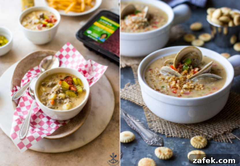 Diptich of Creamy Cheeseburger Soup and savory Clams Casino Soup