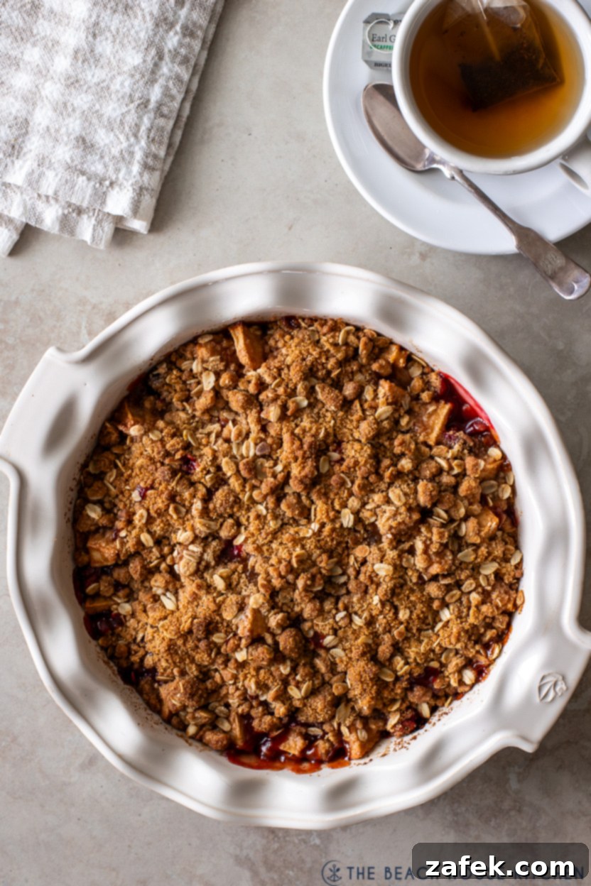 Overhead photo of a pie plate filled with Apple Cranberry Crisp, golden brown and bubbly