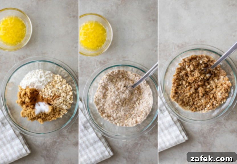Spiced Apple Cranberry Crisp 6 Triptych photo showing the process of mixing crisp topping ingredients: dry ingredients, adding melted butter, and mixing to form crumbles