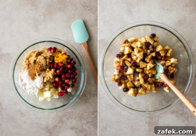 Spiced Apple Cranberry Crisp 7 Diptych photo showing the process of mixing apple and cranberry filling ingredients