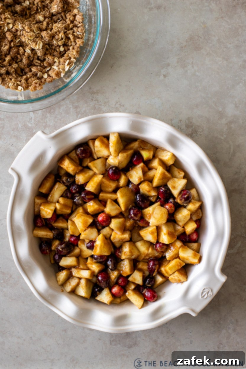 Spiced Apple Cranberry Crisp 8 Overhead photo of a pie plate filled with an even layer of apples and cranberries, ready for topping