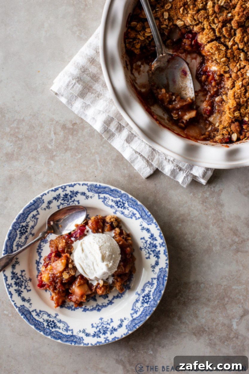 Spiced Apple Cranberry Crisp 10 Overhead photo of a blue and white bowl filled with warm apple cranberry crisp topped with a scoop of melting vanilla ice cream