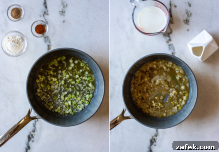 Diptich showing butter melting and then green onions sautéing in a saucepan.