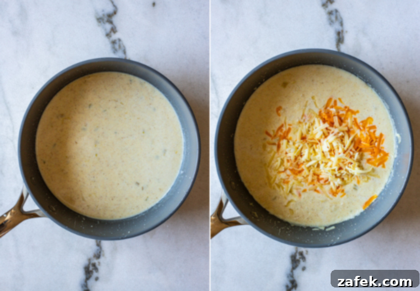 Diptich showing flour being whisked into butter and then milk and cream being added to form a sauce.