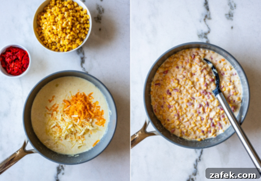 Diptich showing pimentos and corn being added to the sauce and then mixed together.